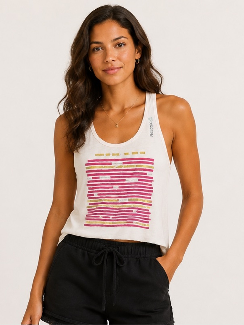 Reebok Pink Graphic Print Racerback Tank Top Women’s S Athletic Gym Raw Hem